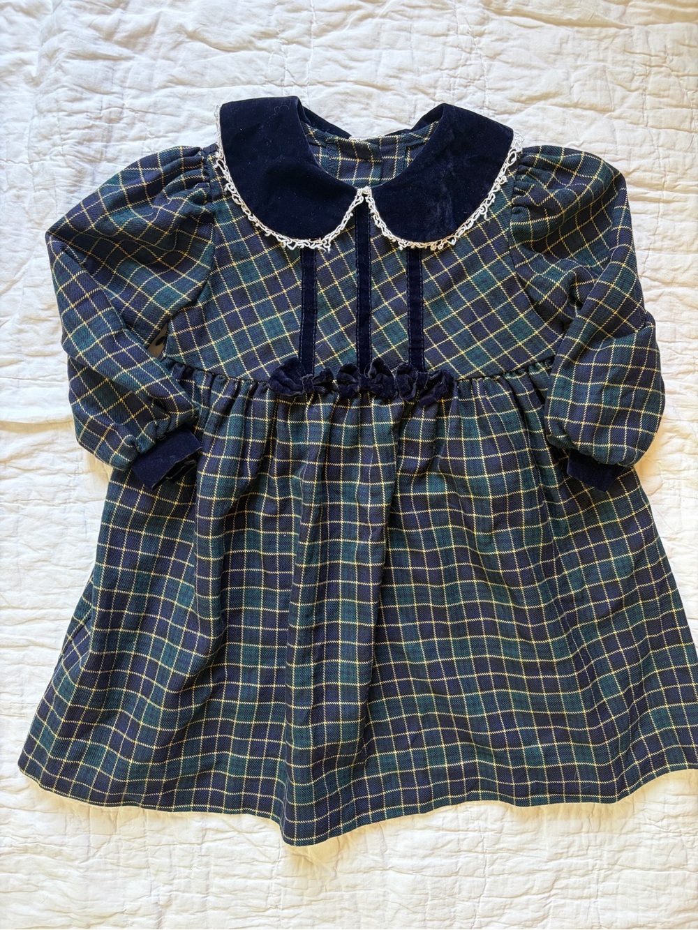Vintage Navy & Green Plaid Velvet Collar Dress